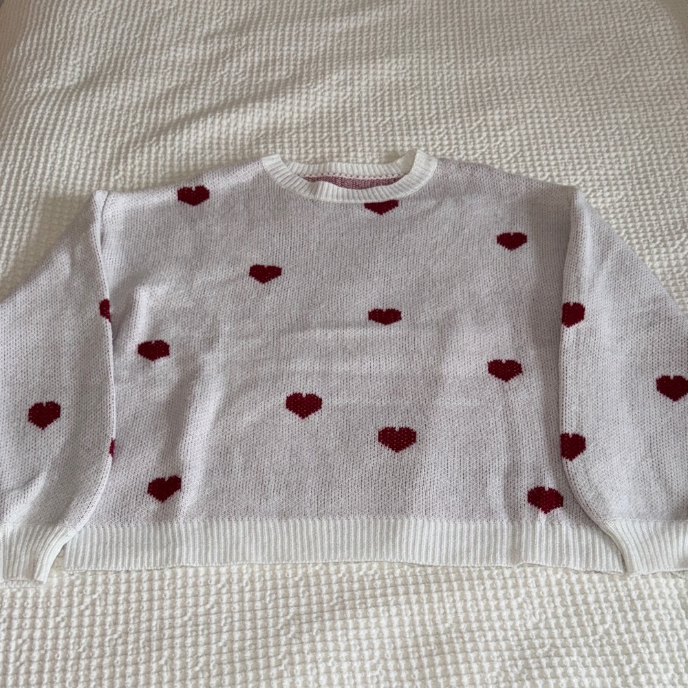White and Red Heart Pattern Sweater